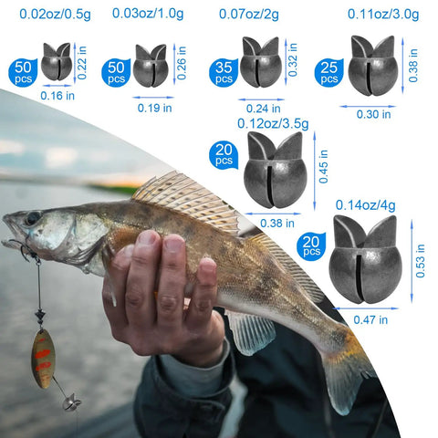 Person holding fish and 120Pcs 200Pcs Fishing Weights Sinkers Premium Split Shot Round Removable Sinkers Set with size options shown.