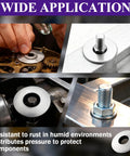 Ranstac #10x9/16 stainless steel bonded sealing washers; collage showing washer with bolt, installed and closeup views.