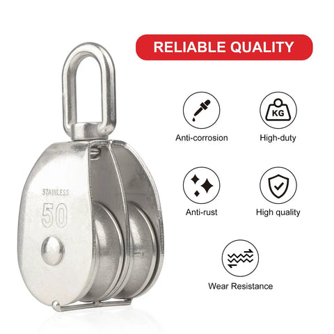 M50 Double Pulley Snatch Block With Swivel Hook For Lifting Crane Tough As Nails Heavy Duty Rigging In 304 Stainless Steel Corrosion Resistant Indoor Outdoor Use For Year Round Performance, front view