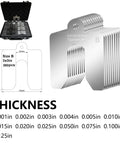 260 Piece Shim Stock Set With Storage Case 3x3 Inch Slotted Stainless Steel Shims Pro Grade Machinist Kit For Leveling And Calibration 13 Precise Thicknesses Ranging From 0.001 To 0.125 Inch displayed with labeled thickness chart and storage case.