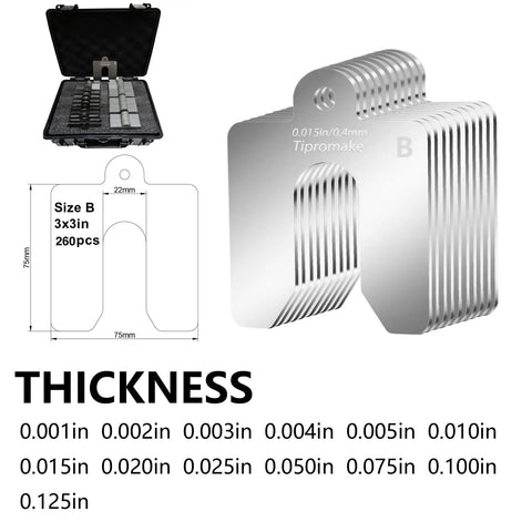 260 Piece Shim Stock Set With Storage Case 3x3 Inch Slotted Stainless Steel Shims Pro Grade Machinist Kit For Leveling And Calibration 13 Precise Thicknesses Ranging From 0.001 To 0.125 Inch displayed with labeled thickness chart and storage case.