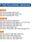 Chart showing vehicle models compatible with Pair Front Wheel Hub Bearing Assembly for 2007 to 2014 Cadillac Escalade ESV Suburban 1500 Tahoe Yukon XL 1500 and 2007 to 2013 EXT Chevy Avalanche Silverado 1500 GMC Sierra 1500 Fits Multiple GM Trucks and SUVs