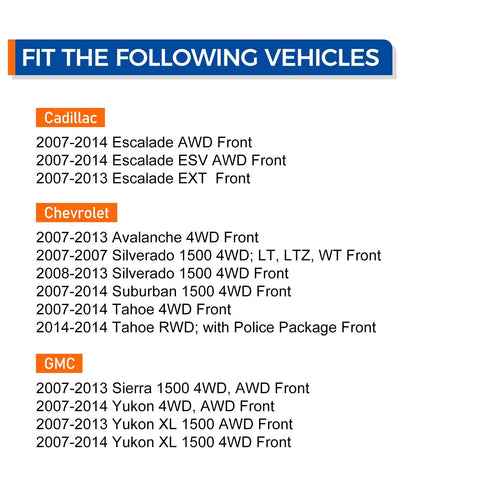 Chart showing vehicle models compatible with Pair Front Wheel Hub Bearing Assembly for 2007 to 2014 Cadillac Escalade ESV Suburban 1500 Tahoe Yukon XL 1500 and 2007 to 2013 EXT Chevy Avalanche Silverado 1500 GMC Sierra 1500 Fits Multiple GM Trucks and SUVs