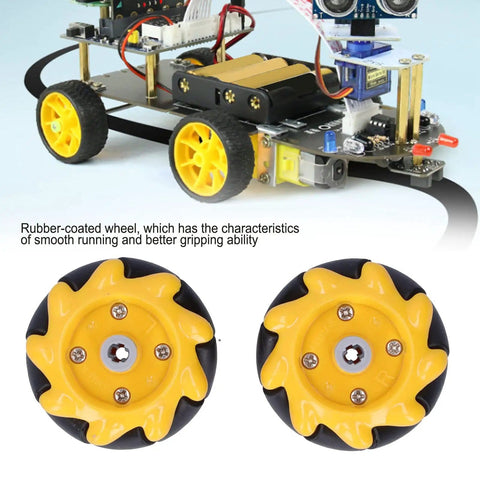 Omni Directional Mecanum Wheel Set For Smart Robot Car Dope 48mm Rubber Tire Wheels close-up with yellow rollers, TT motor compatible