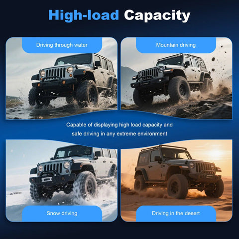 Four SUV images showcasing driving through water, on mountains, in snow, and desert highlighting high-load capacity.