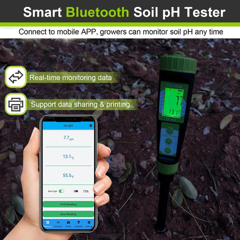 4 In 1 Soil PH Moisture EC Tester With Temperature For Indoor Outdoor Garden Lawn Potting Farm Digital Soil Test Kit displayed with phone app.