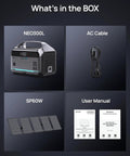 Your Go To Portable Power Station With 60W Solar Panel Included 288Wh LiFePO4 Battery 350W Continuous 600W Peak 7 Port Design Fast Charge For Home Backup And Outdoor Camping contents including AC cable, solar panel, and manual