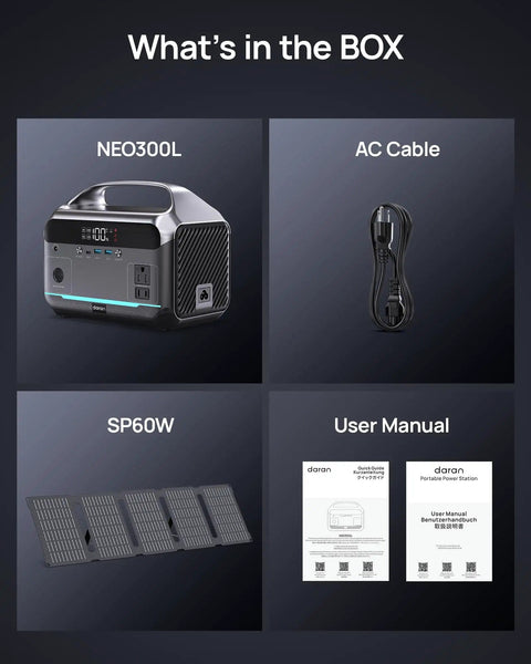 Your Go To Portable Power Station With 60W Solar Panel Included 288Wh LiFePO4 Battery 350W Continuous 600W Peak 7 Port Design Fast Charge For Home Backup And Outdoor Camping contents including AC cable, solar panel, and manual
