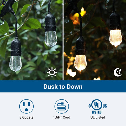 Hella Durable Outdoor Light Timer With Built In Photo Sensor And Two Foot Extension Cord For Dusk To Dawn Auto Shutoff with illuminated bulbs.