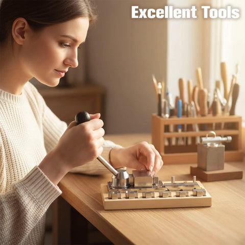 Person using Heavy Duty Ring Bending Kit For Jewelry Making With Chrome Steel Molds Wooden Base 0.47 To 0.87 Inch Sizes And 45/90 Degree Posts DIY Spoon Ring Shaper For Pros And Hobbyists To Fix Bent Rings on a wooden table.