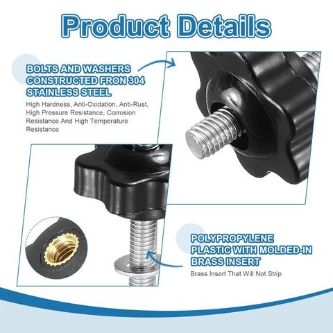 T Track Bolts Knob Kit Five Piece Pro Grade Set M5 x 40mm Bolts With Washers And Six Star Knobs Nuts For Woodworking Jigs And Fixtures Durable Stainless Steel Silver Black Finish close-up of knob and bolt details