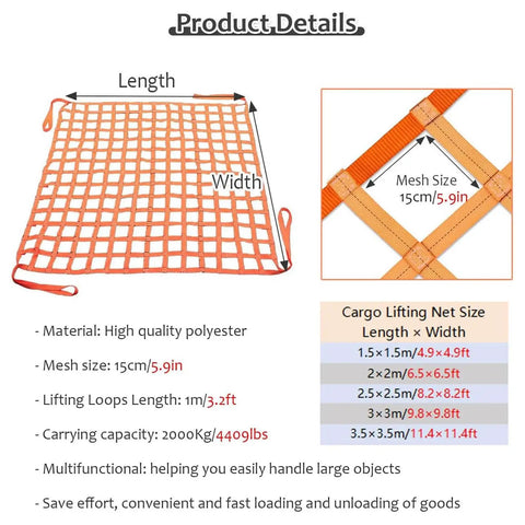 Heavy Duty Polyester Cargo Lifting Net 2.5m X 2.5m 8.2ft X 8.2ft Ultra Rugged Transport Net With Reinforced Stitching Anti Slip Surface