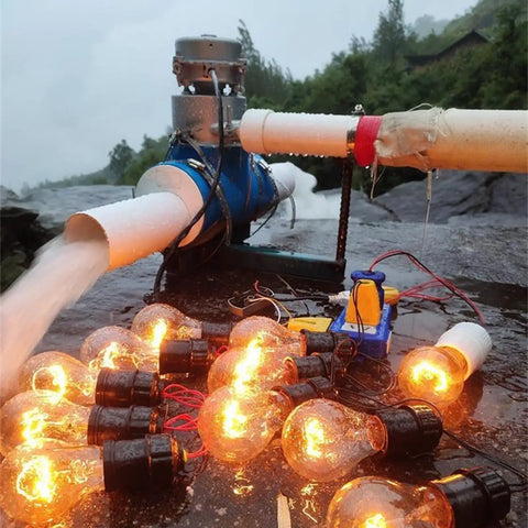 Portable 1000W 110V Water Turbine Generator For Home And Camping Off Grid Ready Aluminum Alloy Hydroelectric System with glowing bulbs outdoors