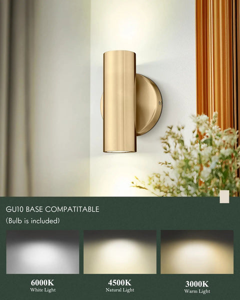 Modern Brass Gold 2 Light Up and Down Wall Sconce for indoor use with anti-corrosion finish and included GU10 bulbs
