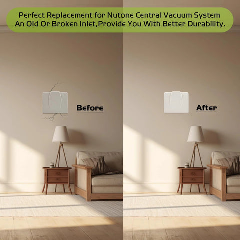 NuTone 360W central vacuum inlet wall plate, white; left: cracked wall (Before), right: repaired wall (After).