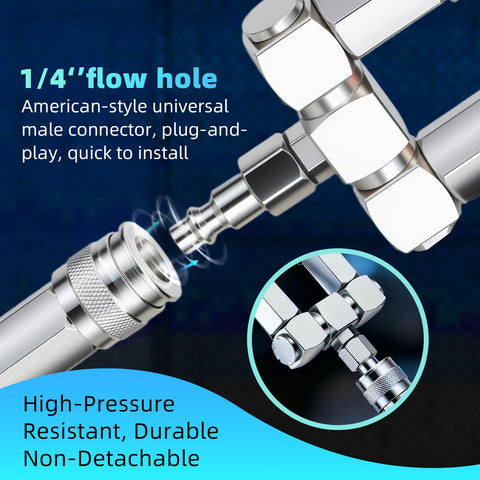 Close-up of All In One 2 Way Air Hose Splitter Kit With One Quarter Inch NPT Male Quick Connect Adapters and swivel fittings.