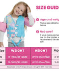 Three In One Kids Swim Vest With Detachable Arm Bands For Ages Two To Eight, blue vest with pink bands in size guide image