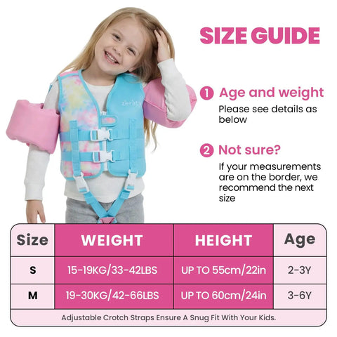 Three In One Kids Swim Vest With Detachable Arm Bands For Ages Two To Eight, blue vest with pink bands in size guide image