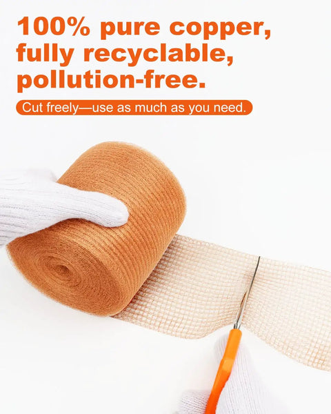 5 Inch Copper Mesh Roll For Pest Proofing Heavy Duty Wire Screen being cut with scissors, highlighting its rustproof and easy cut features.