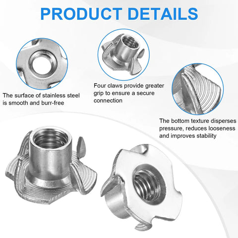 20 Pack 3/8 Inch Thread Stainless Steel Tee Nuts With Killer Grip And Heavy Duty Build For Wood And Furniture Diy Projects Rock Solid Corrosion Resistant 4 Pronged Threaded Inserts showing four claw design for secure grip.