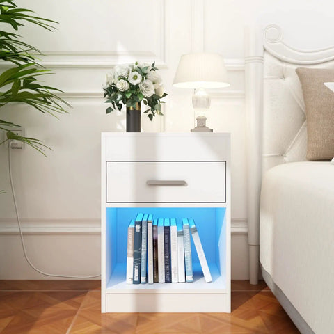 Ultra Sleek White Nightstand Packs A Rapid Charging Hub And Ambient Led Lighting While Guarding A Legit Hidden Safe For Stashing Cash And Electronics Plus Extra Power Outlets, showcasing drawer and illuminated shelf.