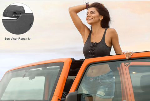 Person smiling from orange Wrangler, inset shows Heavy Duty Aluminum Sun Visor Repair Kit With Rugged Mounting Clips for off-road toughness.