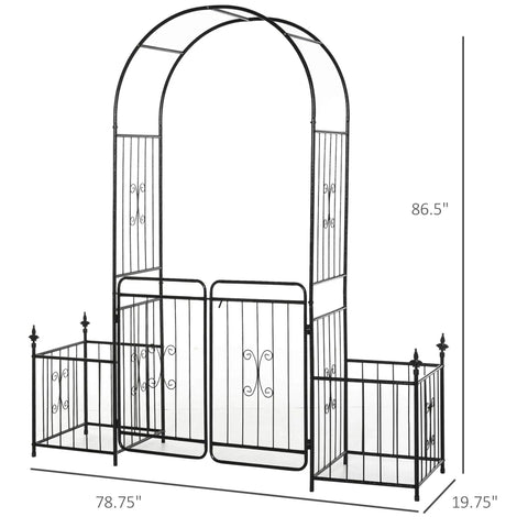 Outdoor Garden Arbor Arch Gate With Trellis Sides For Climbing Plants And Grape Vines Ideal Wedding Ceremony Decor Locking Doors Planter Baskets Flourishes And Arrow Tips Black 86 Inch Backyard Ready showing full structure with dimensions