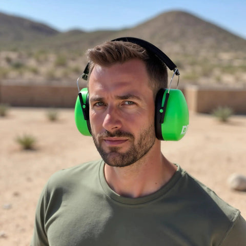 Person wearing Professional Safety Ear Muffs With 37 dB NRR For Shooting And Industrial Use outdoors
