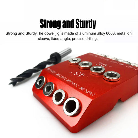 Top Shelf Aluminum Pocket Hole Jig With Badass Precision For 30 45 90 Degrees Smooth Drilling Solid Woodworking Clamping Fixture Tool For Weekend Warriors And Pro Builds, red aluminum jig with drill sleeve and guide holes.