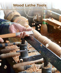 A person using the Eight Piece Wood Lathe Tool Set With Steel Blades For Turning And Shaping Includes Skew Gouges Round Nose Parting Tools