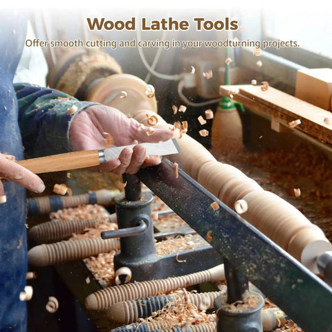 A person using the Eight Piece Wood Lathe Tool Set With Steel Blades For Turning And Shaping Includes Skew Gouges Round Nose Parting Tools