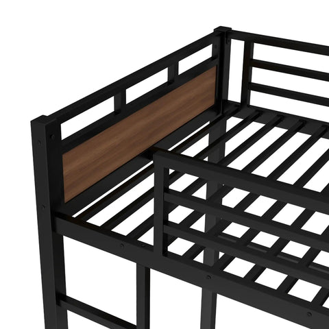 Corner detail of Detachable Twin XL Bunk Bed With Metal Guardrails In Walnut Finish, showing steel frame and walnut panel.