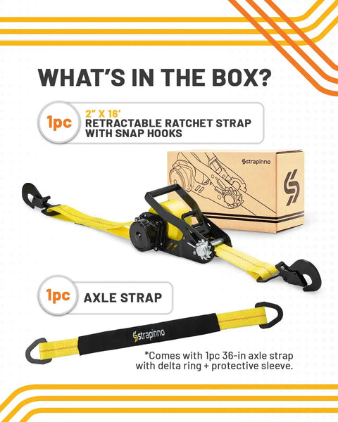 Retractable Ratchet Tie Down Strap 2 Inch By 16 Foot Heavy Duty With Snap Hooks 10000 Lbs Breaking Strength And 3333 Lbs Working Load Limit Includes 36 Inch Axle Strap displayed with box and accessories.