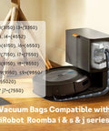 Roomba vacuum with Clean Base showing Six Pack Reusable Vacuum Bags For Roomba I Series S Series J Series With Clean Base Automatic Dirt Disposal Replacement Bags For I7 I7 Plus I3 I3 Plus I4 I4 Plus I6 I6 Plus I8 I8 Plus J7 J7 Plus S9 S9 Plus compatibility chart.
