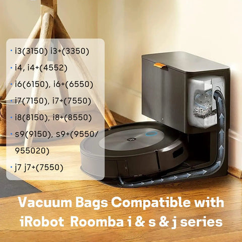 Roomba vacuum with Clean Base showing Six Pack Reusable Vacuum Bags For Roomba I Series S Series J Series With Clean Base Automatic Dirt Disposal Replacement Bags For I7 I7 Plus I3 I3 Plus I4 I4 Plus I6 I6 Plus I8 I8 Plus J7 J7 Plus S9 S9 Plus compatibility chart.