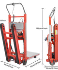 Heavy Duty Electric Stair Climbing Dolly With 1250 Watt Motor And 900 Lb Capacity showing red frame and dimensions of 155cm height and 56cm width.