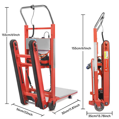 Heavy Duty Electric Stair Climbing Dolly With 1250 Watt Motor And 900 Lb Capacity showing red frame and dimensions of 155cm height and 56cm width.