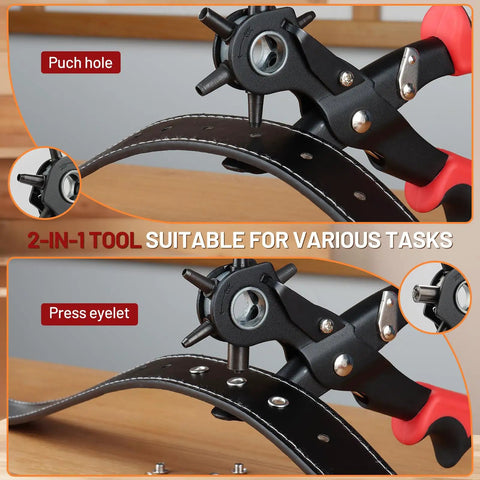 2 In 1 Leather Hole Punch And Eyelet Setter Tool for belts showing rotating punch head and eyelet press function