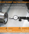Dial test indicator with 0–0.03/0.0005 in range; two steel dovetail clamps (3/8 in, 5/32 in) mounted on measuring stand (side view).