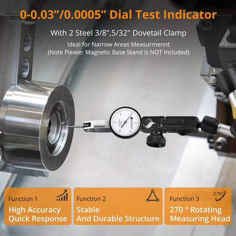 Dial test indicator with 0–0.03/0.0005 in range; two steel dovetail clamps (3/8 in, 5/32 in) mounted on measuring stand (side view).
