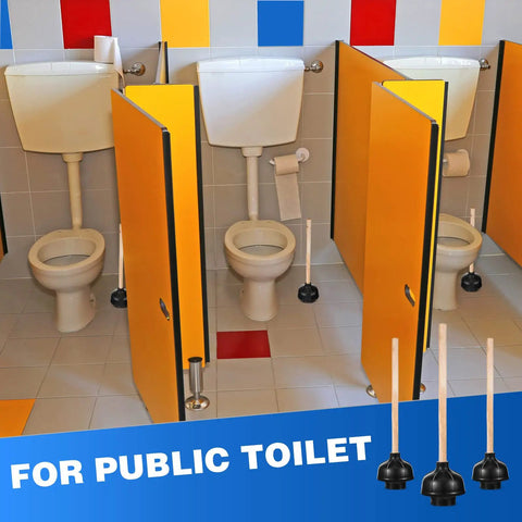 Heavy Duty Wood Handle Black Toilet Plungers Bulk Pack Of 10 Built Tough Rubber Cups in public restroom stalls.