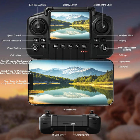 Controller for Brushless RC Plane With Camera And Built In Screen, showing display setup and controls with FPV view.
