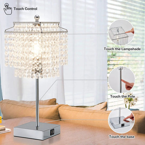 Crystal Table Lamp Set With Touch Control, USB C And USB A Ports, Dimmable Bedside Lamps With Crystal Shade, 6W LED Bulb Included