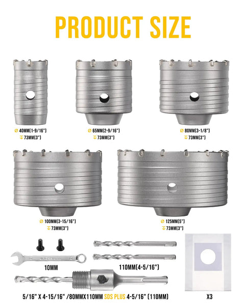 Professional 15 Piece Concrete Hole Saw Kit with Tough As Nails Alloy Steel Masonry Blades in various sizes, SDS Plus shank visible.