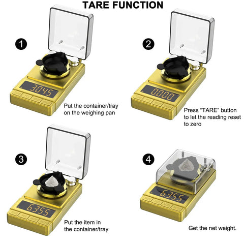 Steps showing tare function on Gold Precision Milligram Scale 100G Capacity With 0.001G Readability, weighing powder accurately.