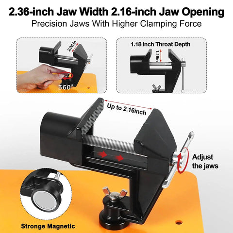 Close-up of workbench vise with precision jaws and magnetic base from All-In-One Helping Hands Soldering Station With 5X Magnifying Lamp.