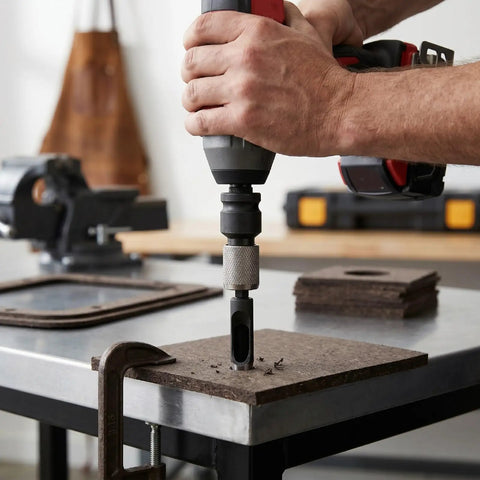Hand holding Sick And Serious Power Hole Punch Lacing Tool For Conveyor Belts With 1/2 Inch Drive Alloy Steel Build.