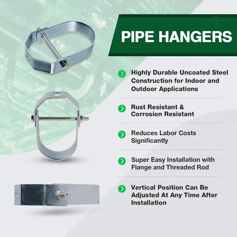 Clevis Hanger Light Duty Pipe Support In Electro Galvanized Steel 3 Inch By 3 Inch Chrome Finish No Fuss Install With Flange And Threaded Rod Adjustable Vertical Position For Overhead Non Insulated Pipe Lines, shown in three angles