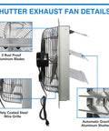 Side view of 14 Inch Automatic Shutter Exhaust Fan with Power Cord, showing aluminum blades, shutters, and safety grille.