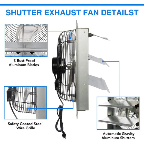 Side view of 14 Inch Automatic Shutter Exhaust Fan with Power Cord, showing aluminum blades, shutters, and safety grille.